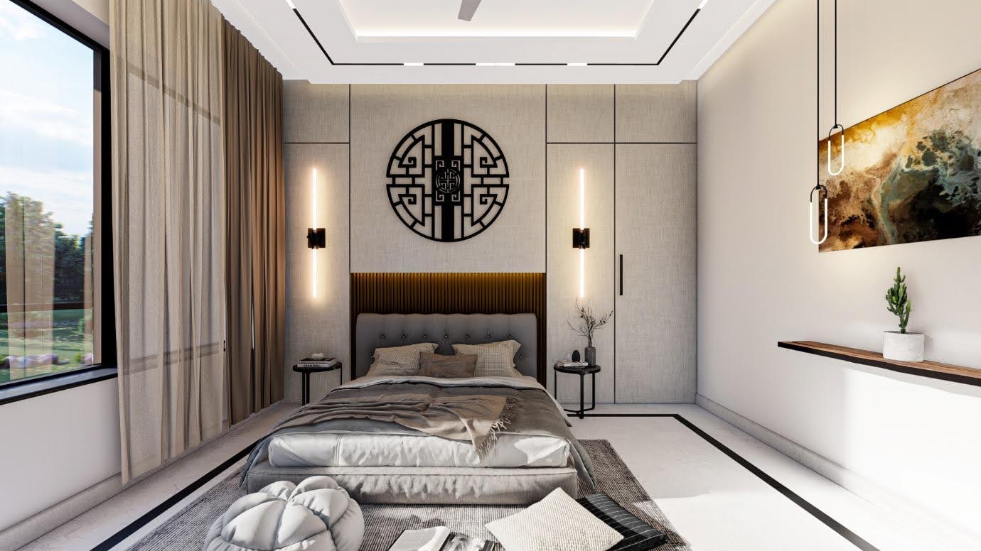 Master bedroom with decorative wall art